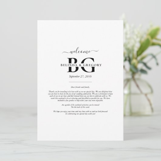 White Black Monogram Initials Wedding Tour Programm (Stehend Vorderseite)