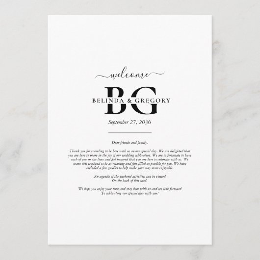 White Black Monogram Initials Wedding Tour Programm (Vorderseite)