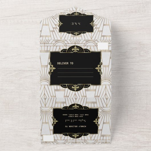 White Black Roaring 20s Gatsby Art Deco Hochzeit All In One Einladung (Außenbereich)