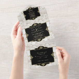 White Black Roaring 20s Gatsby Art Deco Hochzeit All In One Einladung
