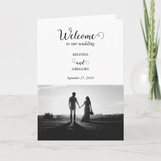 White Black Script Foto Wedding Order of Service Programm (Vorderseite)