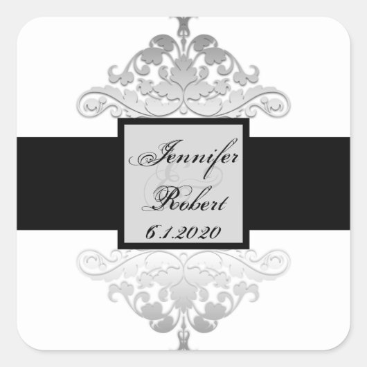 White Black Silver Damask Wedding Umschlag Aufkleb Quadratischer Aufkleber (Vorderseite)