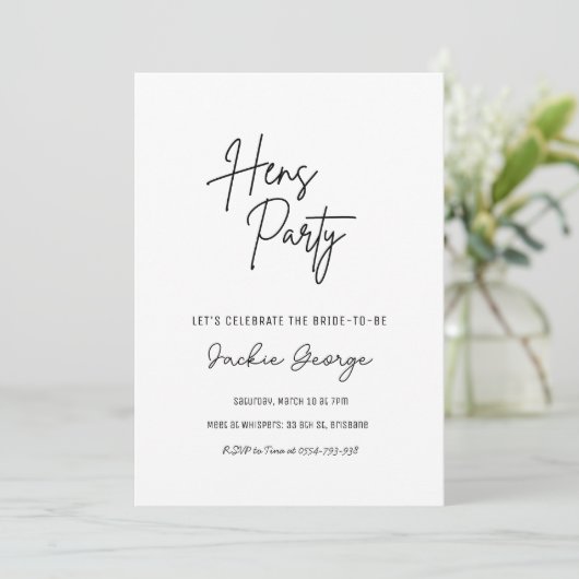 White Black Simple Hens Party Einladung (Stehend Vorderseite)