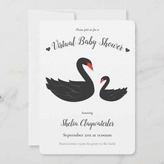 White Black Swan Bird Herz Virtual Baby Dusche Einladung (Vorderseite)