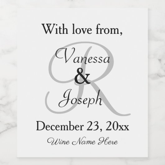 White Black Wedding Monogram Weinetikett (Einzelnes Label)