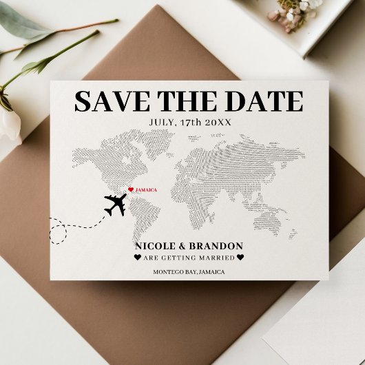 White & Black World Map Hochzeit in Urlaubsort Save The Date