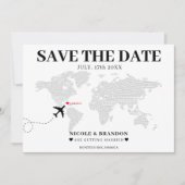 White & Black World Map Hochzeit in Urlaubsort Save The Date (Vorderseite)