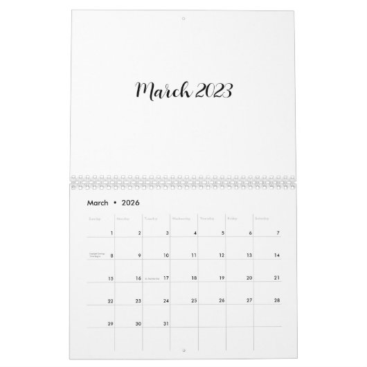 White Blank Calendar 2023 mit Skripttext Kalender (Mär 2026)