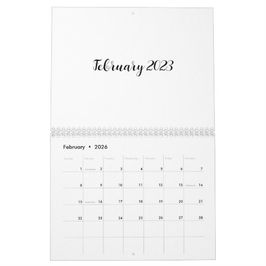White Blank Calendar 2023 mit Skripttext Kalender (Feb 2026)