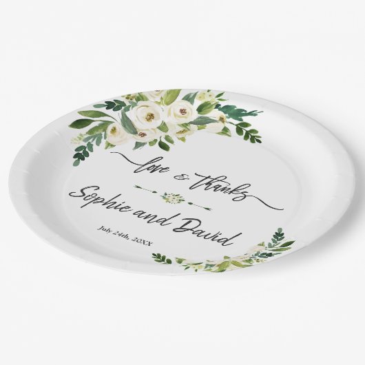 White Blooming Floral Handwriting Liebe und Danke Pappteller (Schrägansicht)