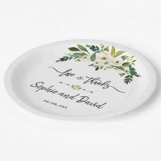 White Blooming Floral Handwriting Liebe und Danke Pappteller (Schrägansicht)