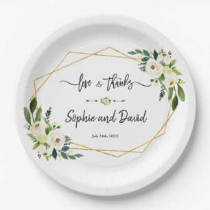White Blooming Floral Handwriting Liebe und Danke Pappteller