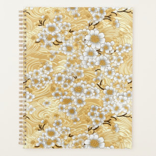White Blossom auf Gold Wirbel Chiyogami Planner Planer