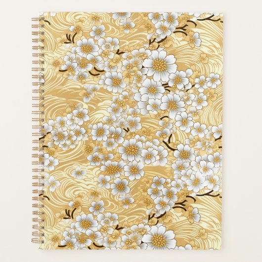 White Blossom auf Gold Wirbel Chiyogami Planner Planer (Vorderseite)