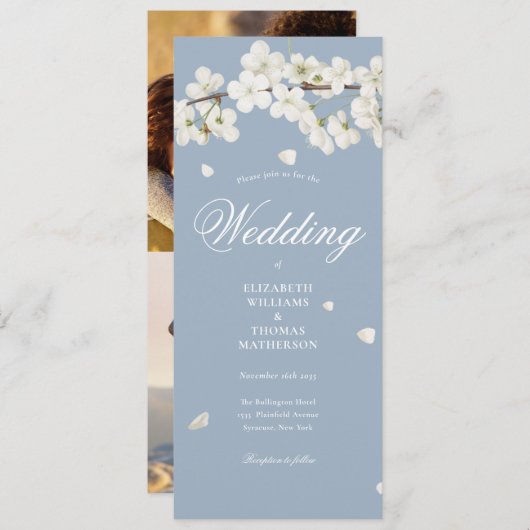 White Blossom Dusty Blue 2 Foto Wedding Einladung (Vorne/Hinten)