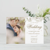 White Blossom Floral Gold Script Foto Einladung (Stehend Vorderseite)