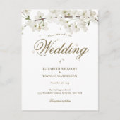 White Blossom Floral Gold Script Hochzeit Einladungspostkarte (Vorderseite)
