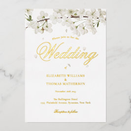 White Blossom Hochzeit Elegantes Script Gold Folieneinladung