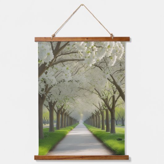 "White Blossom Lane - Tranquil Floral Wandteppich Mit Holzrahmen (Vorderseite)
