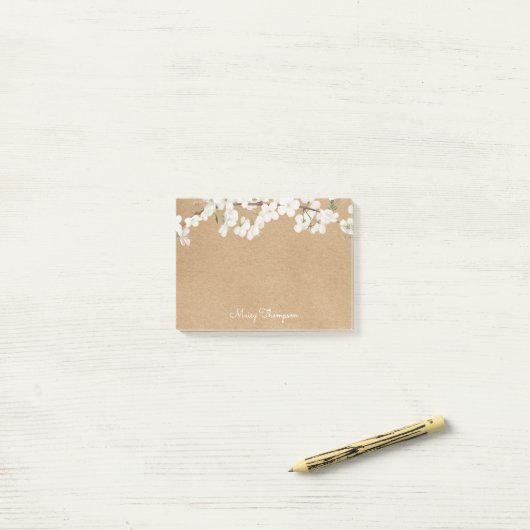 White Blossom Rustic Kraft Script Name Post-it Klebezettel (Auf Schreibtisch)
