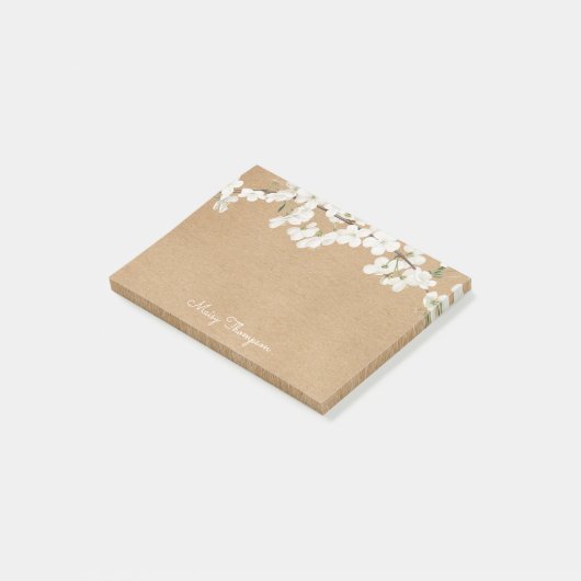White Blossom Rustic Kraft Script Name Post-it Klebezettel (angewinkelt)