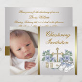 White Blue Baby Boy Foto Christening Einladung (Vorne/Hinten)