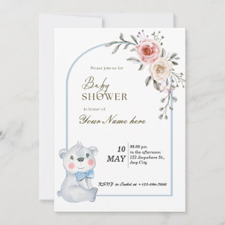 White Blue Bear Baby Shower Einladungen Junge