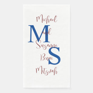 White Blue Burgundy B'nai Mitzvah Name Monogram Serviette