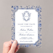 White Blue Chinoiserie Crest Wedding Save the Date Acryleinladungen (Insitu (Handheld))