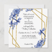 White Blue Chinoiserie Dragonfly Flora Einladung (Vorderseite)