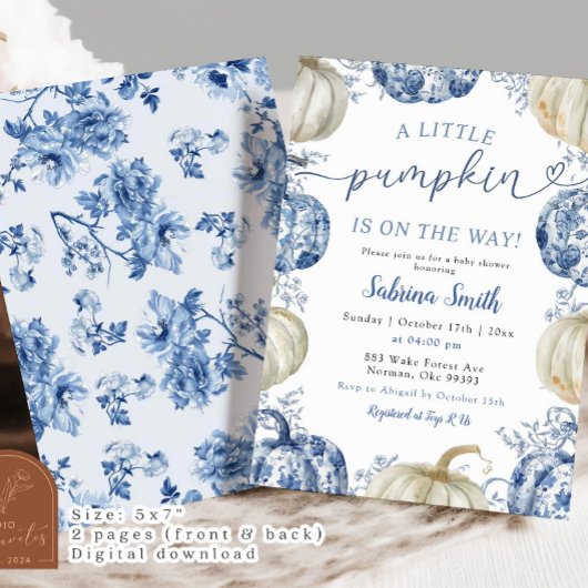 White Blue Chinoiserie Pumpkin Fall Baby Dusche Einladung