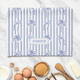 White Blue Coastal Chic Palm Trees Bows Stripes Geschirrtuch