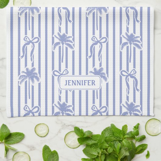 White Blue Coastal Chic Palm Trees Bows Stripes Geschirrtuch (Gefaltet)