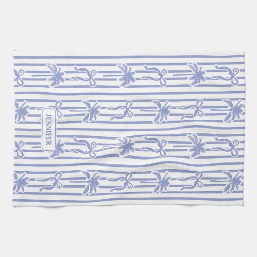 White Blue Coastal Chic Palm Trees Bows Stripes Geschirrtuch (Horizontal)