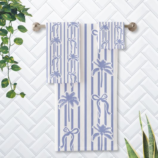 White Blue Coastal Palm Trees Bows Stripes Pattern Badhandtuch Set
