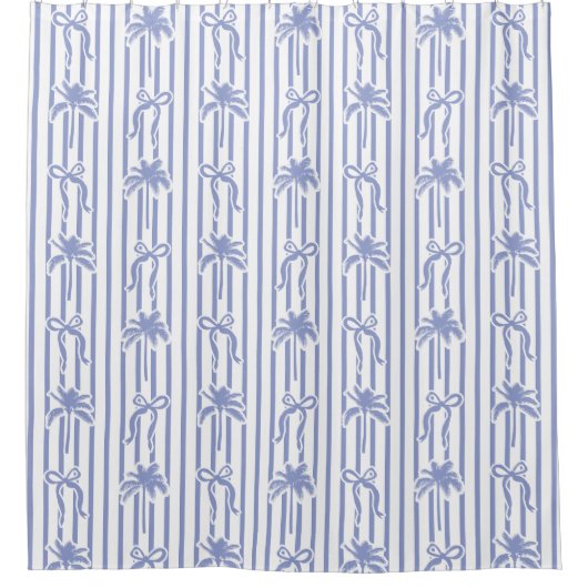 White Blue Coastal Palm Trees Bows Stripes Pattern Duschvorhang (Vorderseite)
