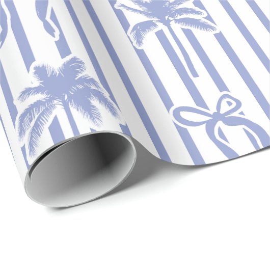 White Blue Coastal Palm Trees Bows Stripes Pattern Geschenkpapier (Rolleneckpunkt)