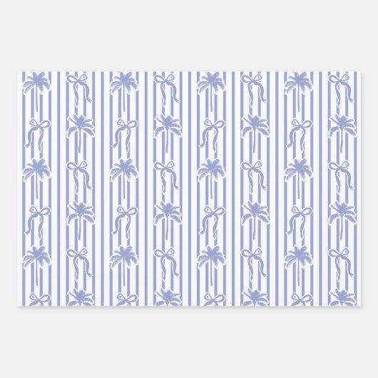 White Blue Coastal Palm Trees Bows Stripes Pattern Geschenkpapier Set (Vorderseite)
