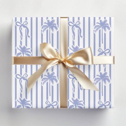 White Blue Coastal Palm Trees Bows Stripes Pattern Geschenkpapier Set