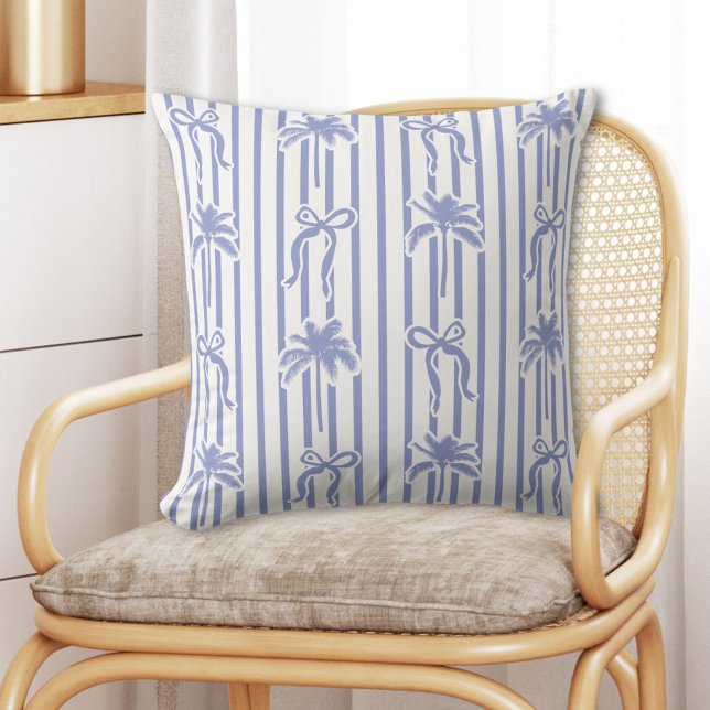 White Blue Coastal Palm Trees Bows Stripes Pattern Kissen (In situ)