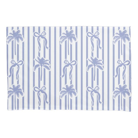 White Blue Coastal Palm Trees Bows Stripes Pattern Kissenbezug (Vorderseite)