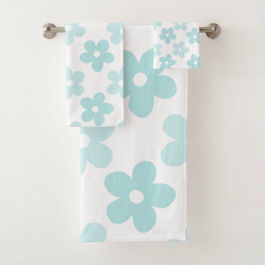 White Blue Daisy Blume Retro Muster Badhandtuch Set (Insitu)
