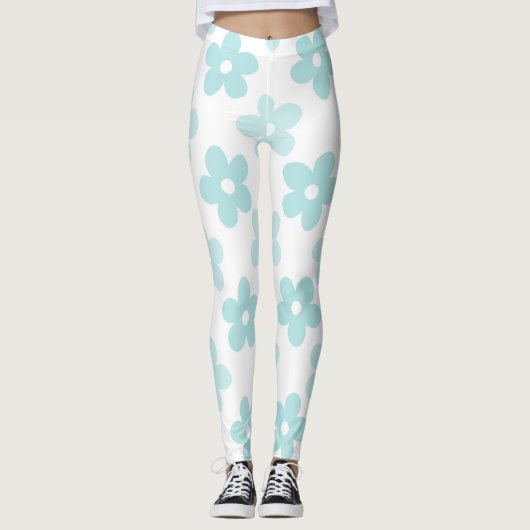 White Blue Daisy Blume Retro Muster Leggings (Vorderseite)