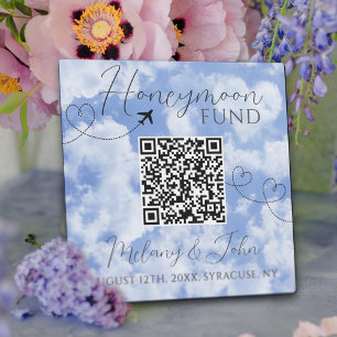 White & Blue Elegant QR Code Honeymoon Fund Signat Fotoplatte