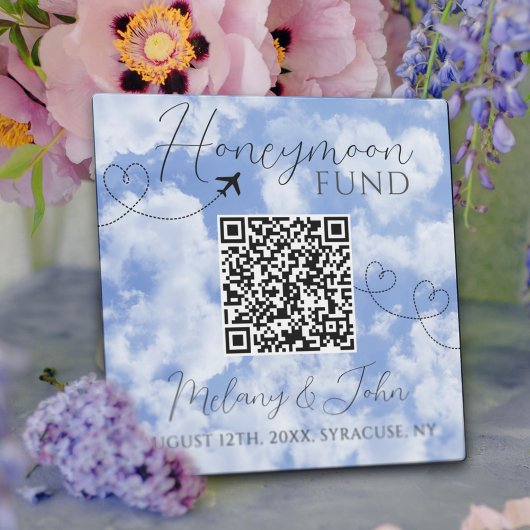 White & Blue Elegant QR Code Honeymoon Fund Signat Fotoplatte