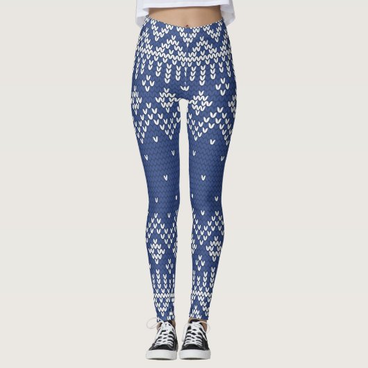White & Blue Fair Isle Strickmuster Leggings (Vorderseite)