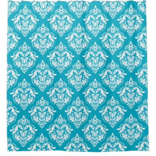 White & Blue Floral Damasks Pattern Duschvorhang (Vorderseite)