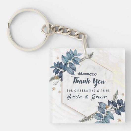 White Blue Floral Frame Vielen Dank Gastgeschenke Schlüsselanhänger (Vorderseite)