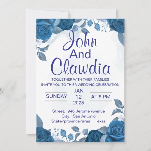 white blue floral geometric wedding invitation einladung (Vorderseite)