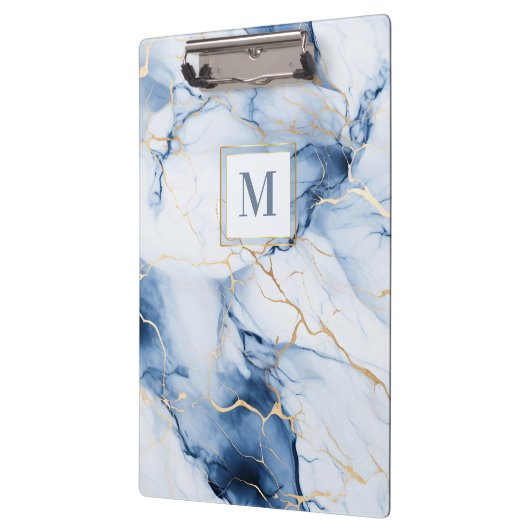 White Blue Gold Marble Monogram Initial Clipboard Klemmbrett (Links)